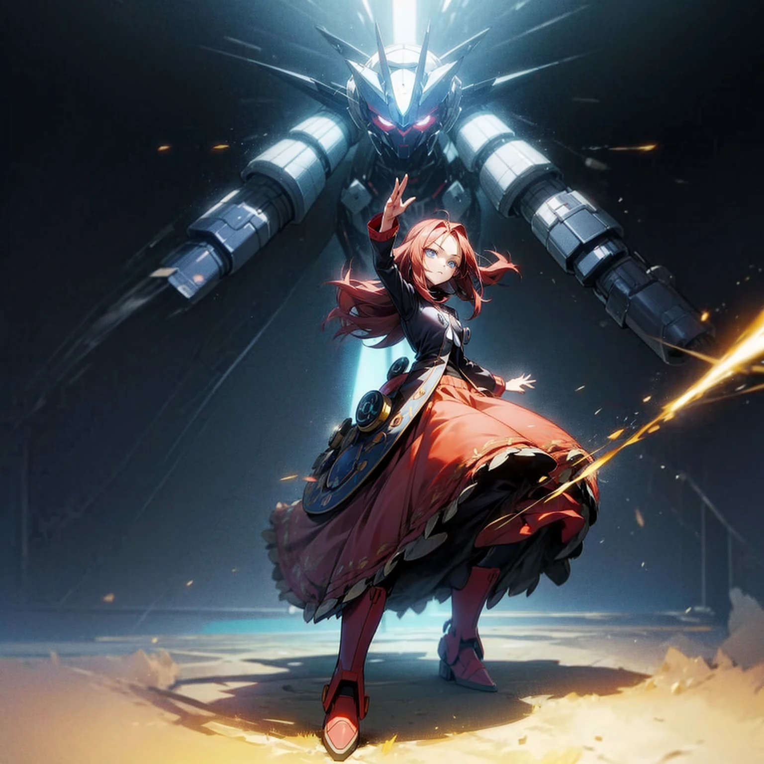 1girl, full body version, 1character, blue eyes, dark red colour hair, long layers hairstyle, bohemian clothing style, long skirt, boots, Grassroots background in town, motion blur, shadow, with Biggest robot in behind, battle gesture, lighting weapon robot, (Hunter x Hunter style art)