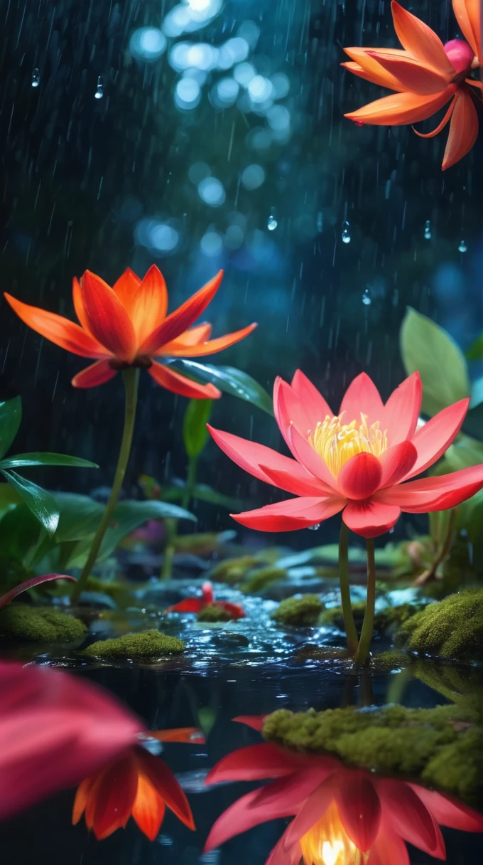 (very beautiful:1.4), (Intricate details, masterpiece, Highest quality:1.4), (nightの公園)Sophisticated, Modern, ultraModern, high tech, detailed, View your viewers, (((masterpiece))), (Highest quality), ((ultra-detailed)), Professional, Gimme Calm, 35mm Photography,4K, fairy forest in the middle of the night it's raining, Spend the summer, night, rain, Macro photography, Colorful details, Natural light, Great composition, Scattered beneath the surface, Amazing textures, Soft Light, ukiyo-e, Bokeh