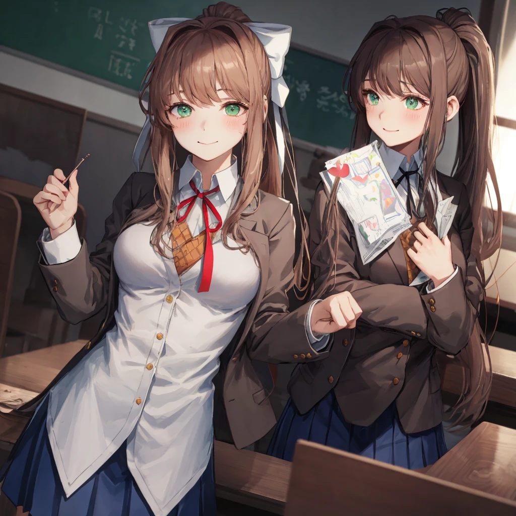 monika, green eyes, very long hair, ponytail, white bow, blazer, brown sweater, collared shirt, neck ribbon, blue skirt, heart eyes, smile, lustful gaze, holding chin, blush, classroom