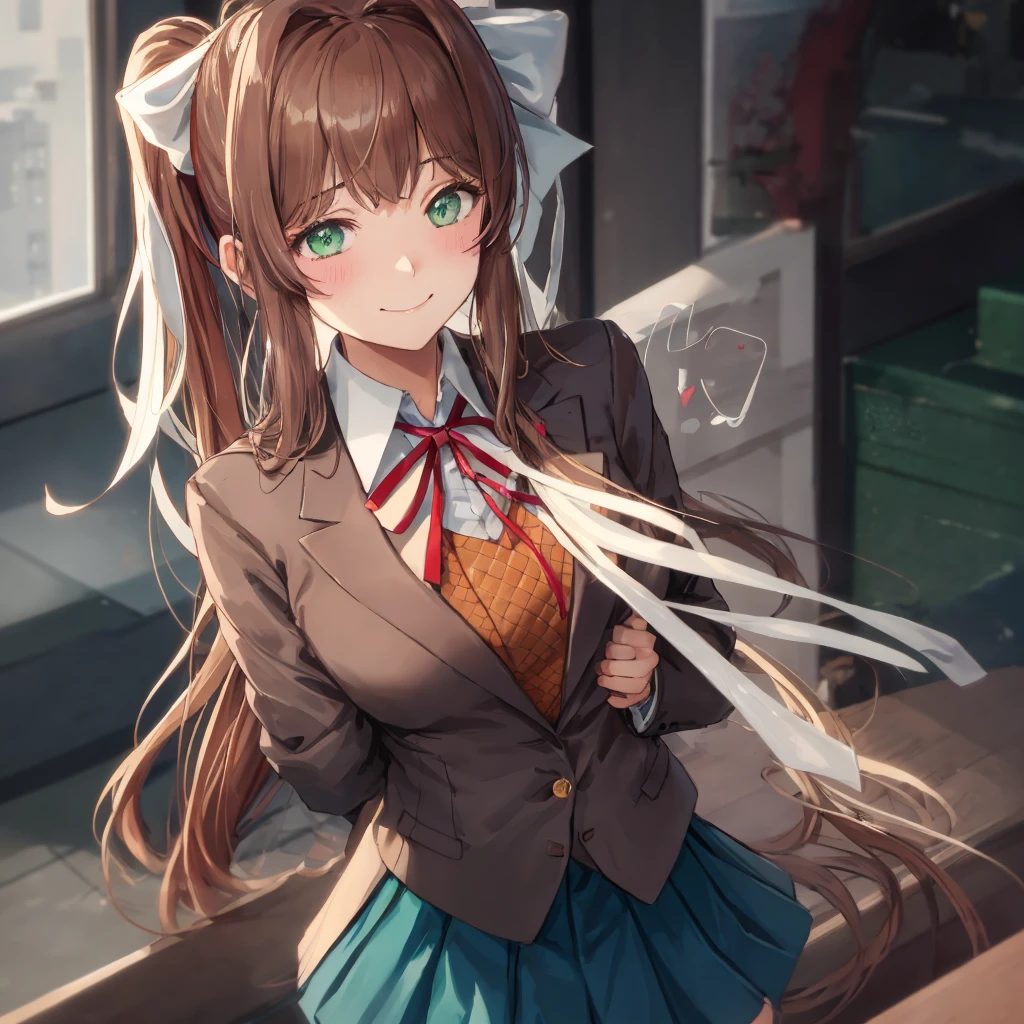 monika, green eyes, very long hair, ponytail, white bow, blazer, brown sweater, collared shirt, neck ribbon, blue skirt, heart eyes, smile, lustful gaze, holding chin, blush, classroom