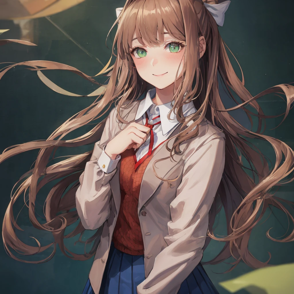 monika, green eyes, very long hair, ponytail, white bow, blazer, brown sweater, collared shirt, neck ribbon, blue skirt, heart eyes, smile, lustful gaze, holding chin, blush, classroom