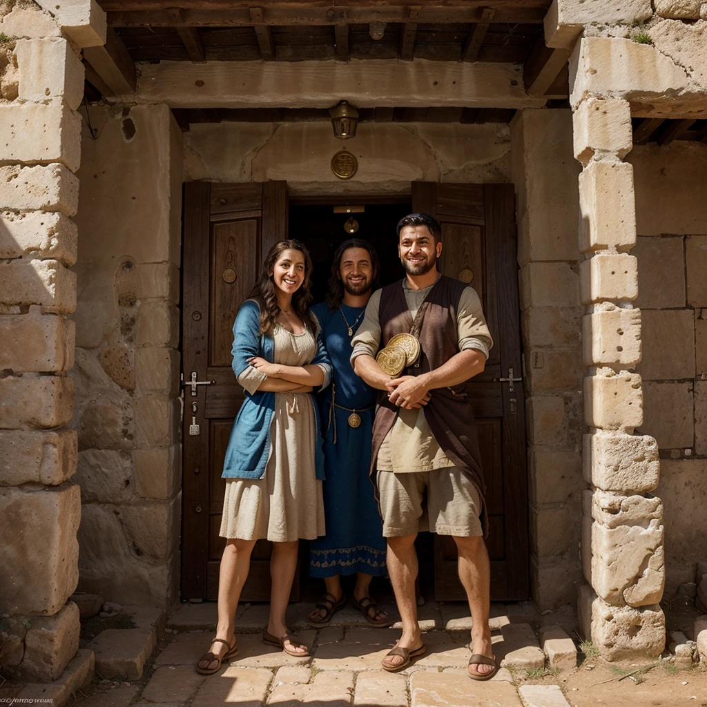 a happy jewish woman holding a coin in front of an ancient israeli house from the 1st century, a shepherd with a sheep in the background, two men embracing beside them, photorealistic, highly detailed, ultra-realistic, cinematic lighting, warm color tones, dramatic composition, masterpiece