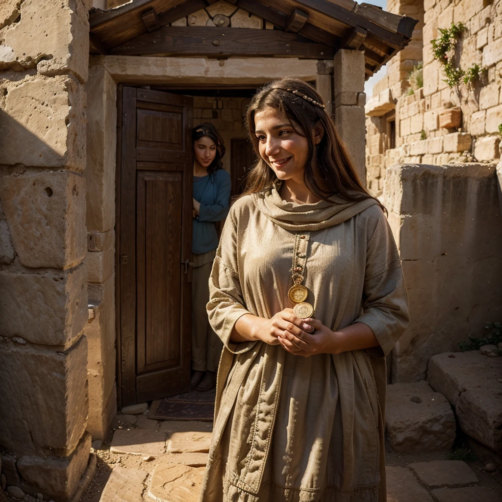 a happy jewish woman holding a coin in front of an ancient israeli house from the 1st century, a shepherd with a sheep in the background, two men embracing beside them, photorealistic, highly detailed, ultra-realistic, cinematic lighting, warm color tones, dramatic composition, masterpiece