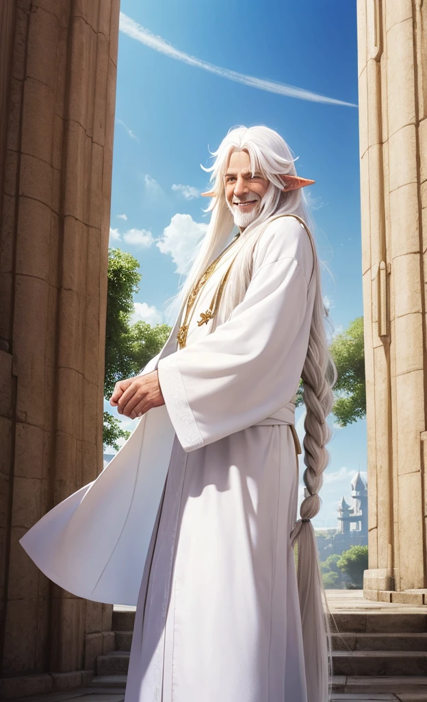 Male elf, old, (long white hair:1.3), white mage robes, smiling, standing in a palace, blue sky in background 