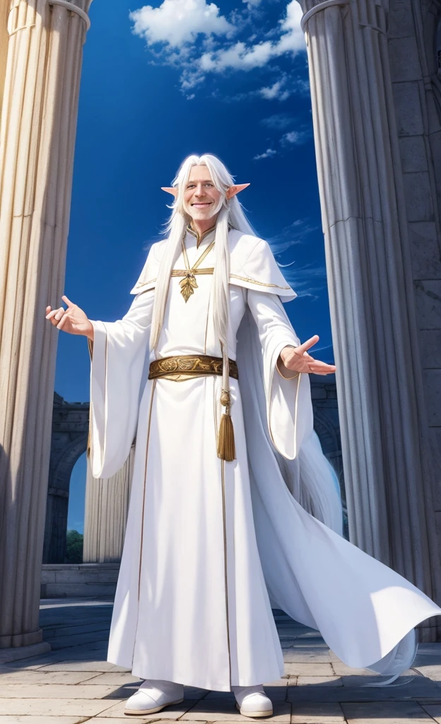 Male elf, old, (long white hair:1.3), white mage robes, smiling, standing in a palace, blue sky in background