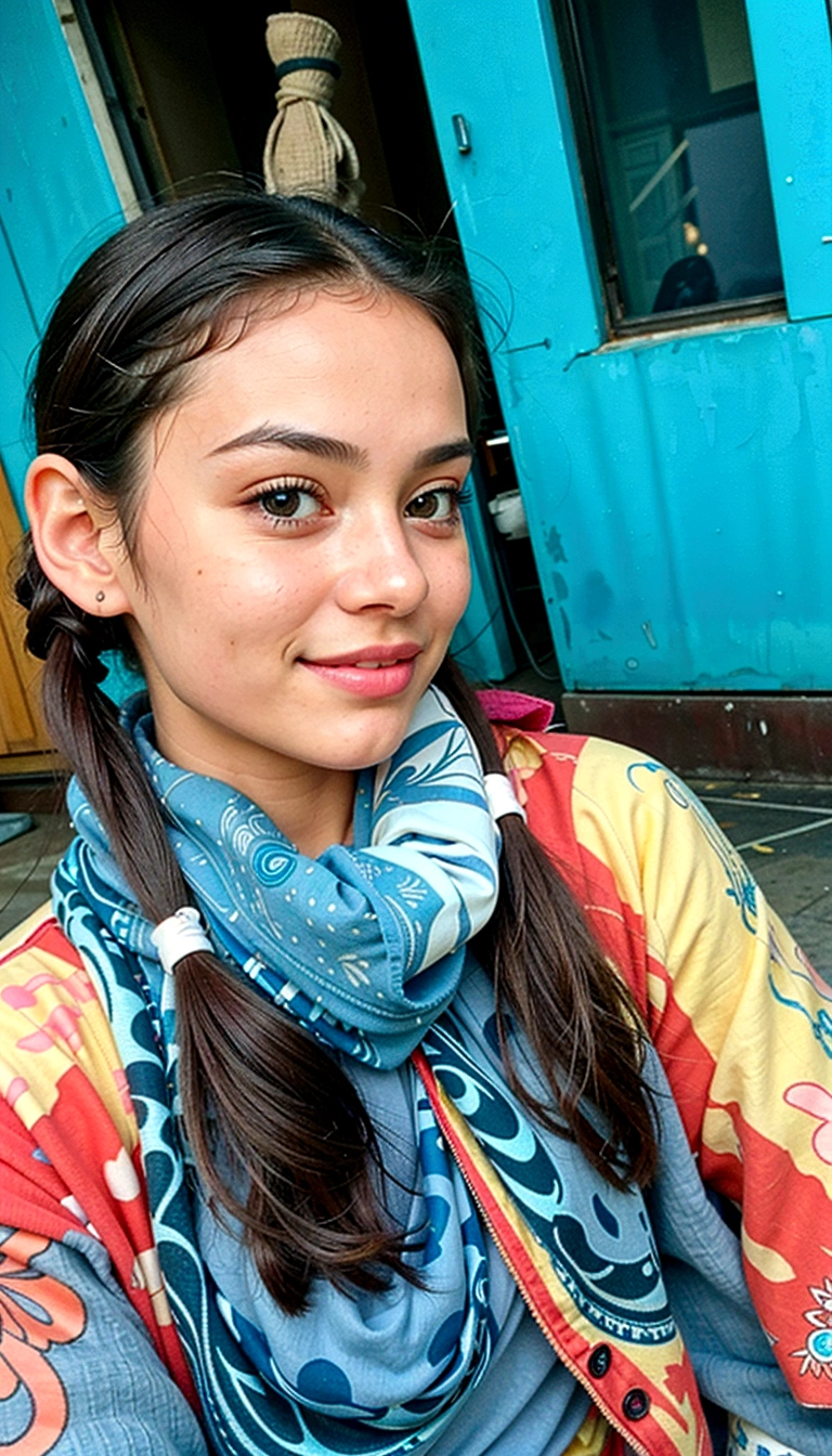 there is a young girl with a scarf on posing for a picture, very beautiful girl, with a beautifull smile, with lovely look, with kind face, young girl, with accurate face, beautiful image, cute beautiful, beautiful cute, very very low quality picture, she is about 1 6 , potrait, beutiful face