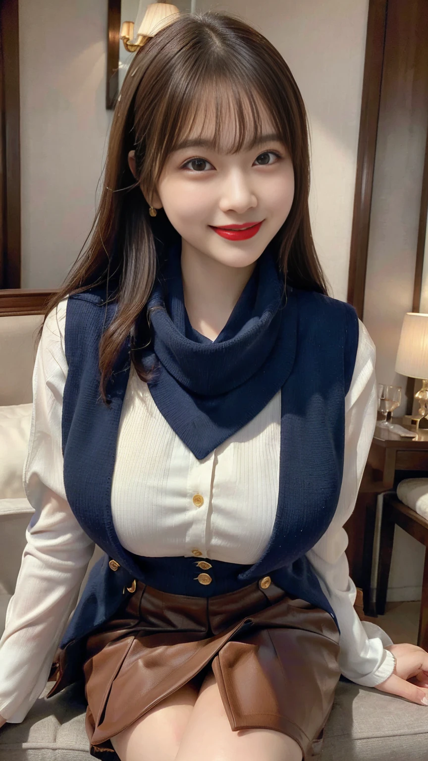 Highest quality, masterpiece, Ultra-high resolution, (Realistic:1.4), Voluptuous,Beautiful woman,(Shortcuts),((Big Breasts)) ,Beautiful Skin, Fine skin, 魅惑的なsmile, Background blur, smile, (She is wearing a dark blue vest over a white blouse:1.5), The vest has three gold buttons, (Wearing a red scarf around her neck)、(Knee-length dark blue skirt)、(Black pumps:1.5)、(Red lipstick:1.1)、(smile:1.3)、Luxury hotel suite