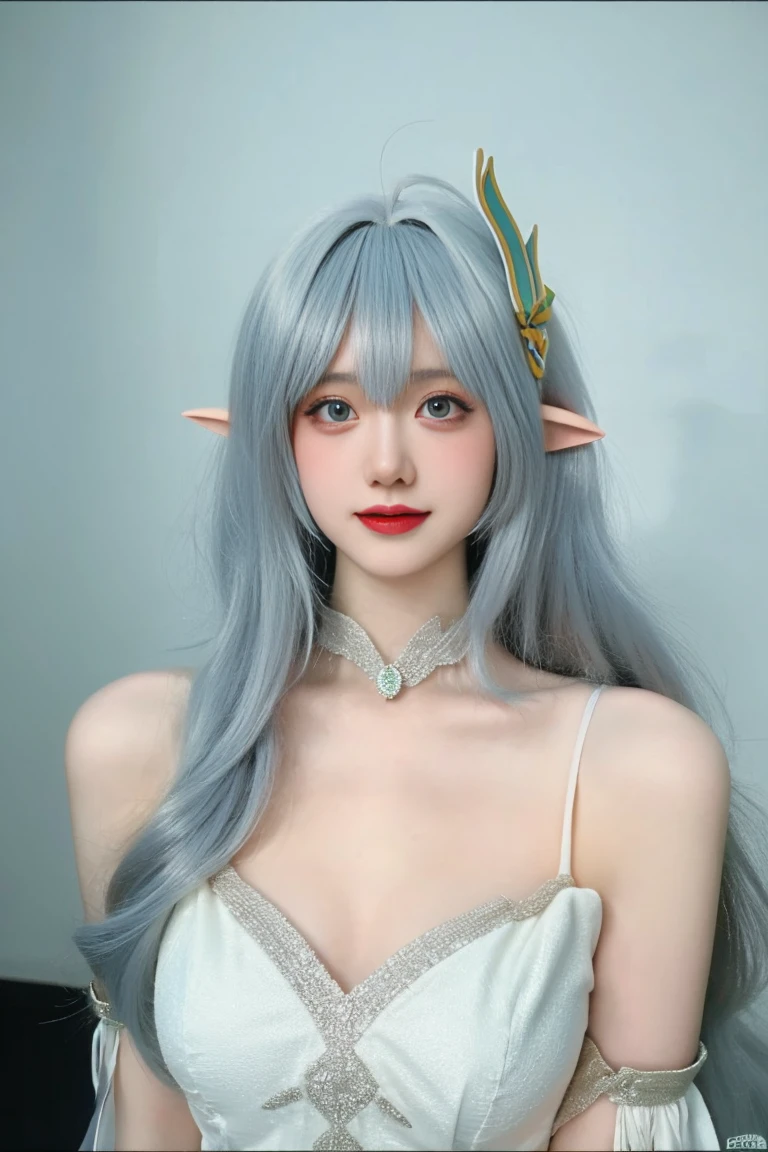 best quality, tmasterpiece,Ultra-high resolution,Clear face,（Reality：1.4），ferpect lighting，(upper body photo), (photorealistic:1.50), anime wallpaper, Guviz style artwork, cover-up fantasy up to magic , by Yang J, Guviz, beautiful artwork illustration, beautiful digital artwork, beautiful digital illustration, Li Song, beautiful anime portrait, art style in Beauvot, 1 girl, blue eyes, 独奏, (looking at viewer), smile, silver hair, long hair, Chinese dress, bangs, pointed ears, hair ornament, 