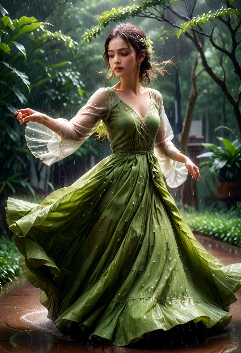 1girl, Dancing in the Rain, A woman dancing in the rain, elegant and graceful, raindrops sparkling on her skin, long flowing dress billowing in the wind, serene expression, peaceful atmosphere, natural lighting, lush green foliage in the background, moody and atmospheric, ethereal and dreamlike, cinematic composition, high-quality detailed rendering, 8k, hyper-detailed, masterpiece, best quality, very aesthetic, absurdres