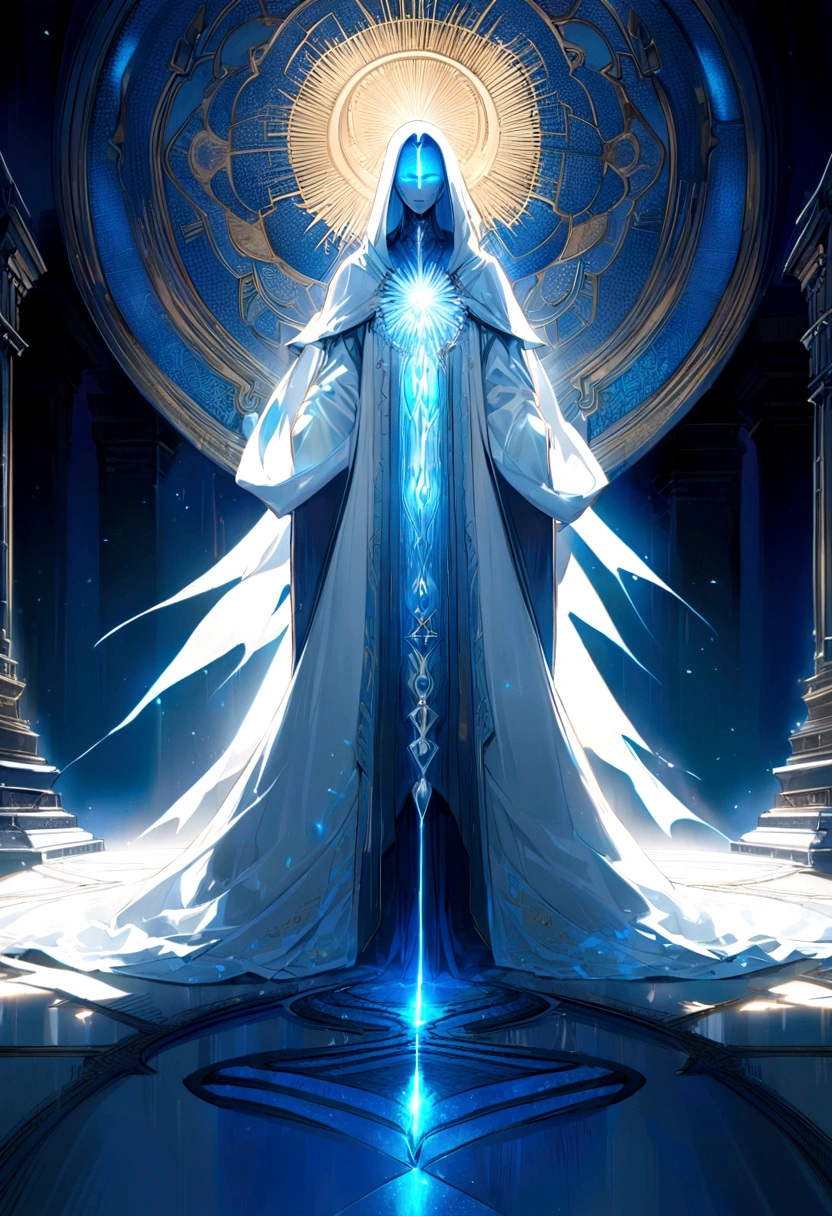 Khasper appears as a spectral figure clad in robes that seem to shimmer with a balance of light and shadow, representing the duality of karma. His eyes glow with a serene blue light, and his presence exudes a sense of justice and equilibrium.