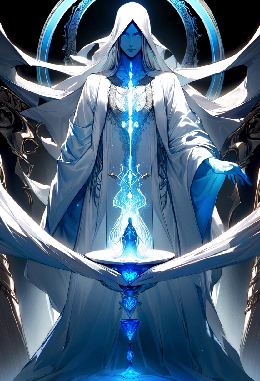 Khasper appears as a spectral figure clad in robes that seem to shimmer with a balance of light and shadow, representing the duality of karma. His eyes glow with a serene blue light, and his presence exudes a sense of justice and equilibrium.