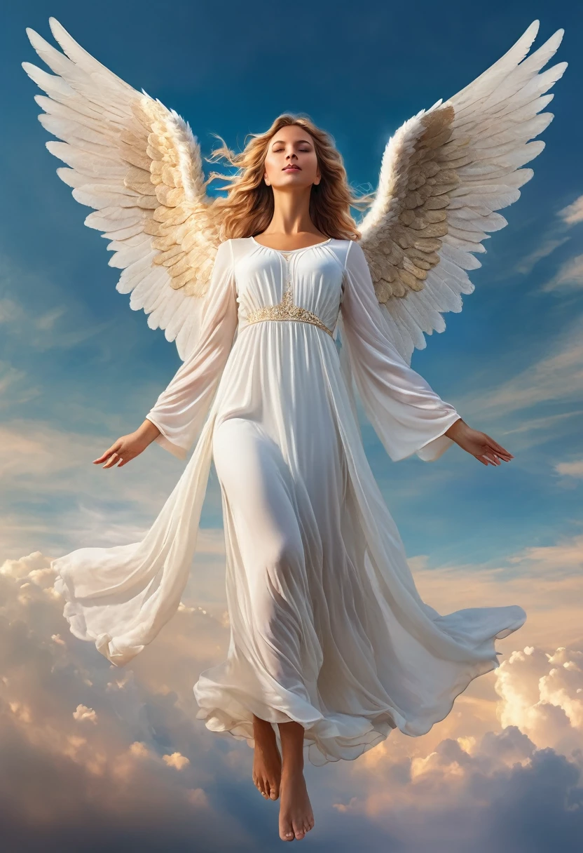 Full body angel with wings stretched in the sky.