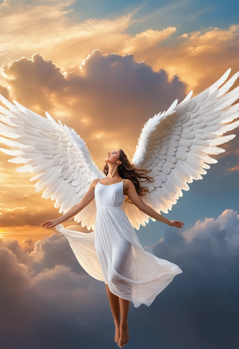 Full body angel with wings stretched in the sky.