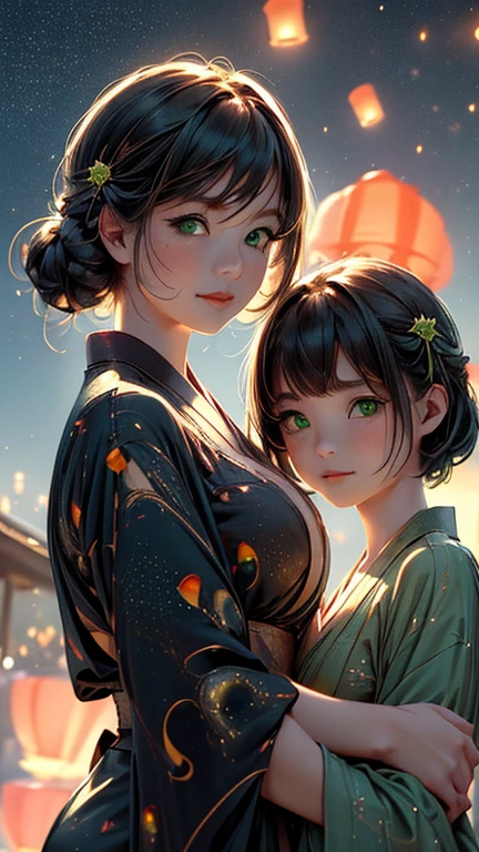 nsfw, Masterpiece, top quality, highly detailed, (Photorealistic style:1.4), Chiaroscuro style, backlighting, 2 girls, A lesbian couple in yukata, (Hug from behind, and put hand on naked bust, bust shot:1.6), looking at the camera with a smile, (A close-up of their beautiful faces,  green eyes:1.8), (Lots of fireworks all over the sky, Many Lanterns floating in the sky, big shining milky way:1.4),