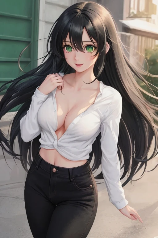create a girl, from any anime, beautiful, standing in the center of the frame, with medium breasts, (masterpiece, best quality: 1.2), black hair, green eyes, black tight pants, white shirt, unbuttoned to the middle, breasts visible,
