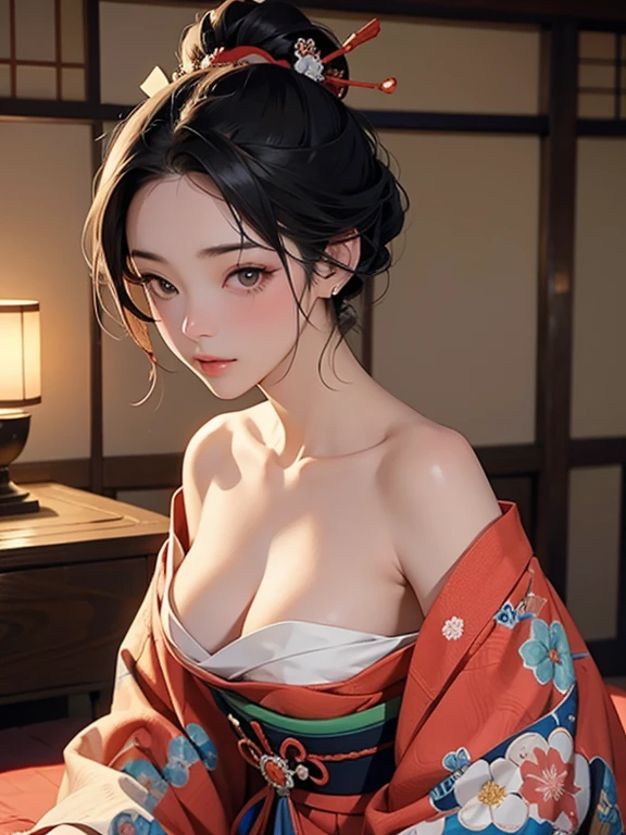 (Highest quality、masterpiece、High resolution、8K)、Ukiyo-e、Vibrant colors、Utamaro、Edo Period、Flowers of Yoshiwara、1 flower kui、whole body、Japanese-style room、It is a tatami room.、There is a candle light、Utamaroの絵のモデル、The courtesan&#39;s hair is black and beautiful、Decoration、The kimono is white with red floral patterns、Sitting、Sitting sideways、The kimono has been flipped up, exposing some bare skin.、One hand is holding a fan open、Details of the model&#39;s gestures and facial expressions、Official Art、Detailed CG、