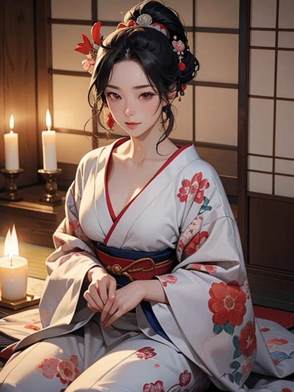 (Highest quality、masterpiece、High resolution、8K)、Ukiyo-e、Vibrant colors、Utamaro、Edo Period、Flowers of Yoshiwara、1 flower kui、whole body、Japanese-style room、It is a tatami room.、There is a candle light、Utamaroの絵のモデル、The courtesan&#39;s hair is black and beautiful、Decoration、The kimono is white with red floral patterns、Sitting、Sitting sideways、The kimono has been flipped up, exposing some bare skin.、One hand is holding a fan open、Details of the model&#39;s gestures and facial expressions、Official Art、Detailed CG、