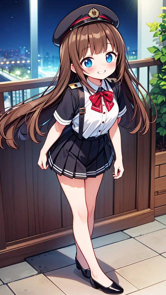 {Highest quality}, {Super beautiful},{Ultra fine},{Best illustration},Brown Hair,Hime cut,semi-long,Bangs,Standing Woman,Uniform cap,White Shirt,Short sleeve,Long black skirt,Night Park,Embarrassed,smilingly,Blushing,Slender women, A woman wearing plain black pumps,Bare feet and pumps,From an angle,From above