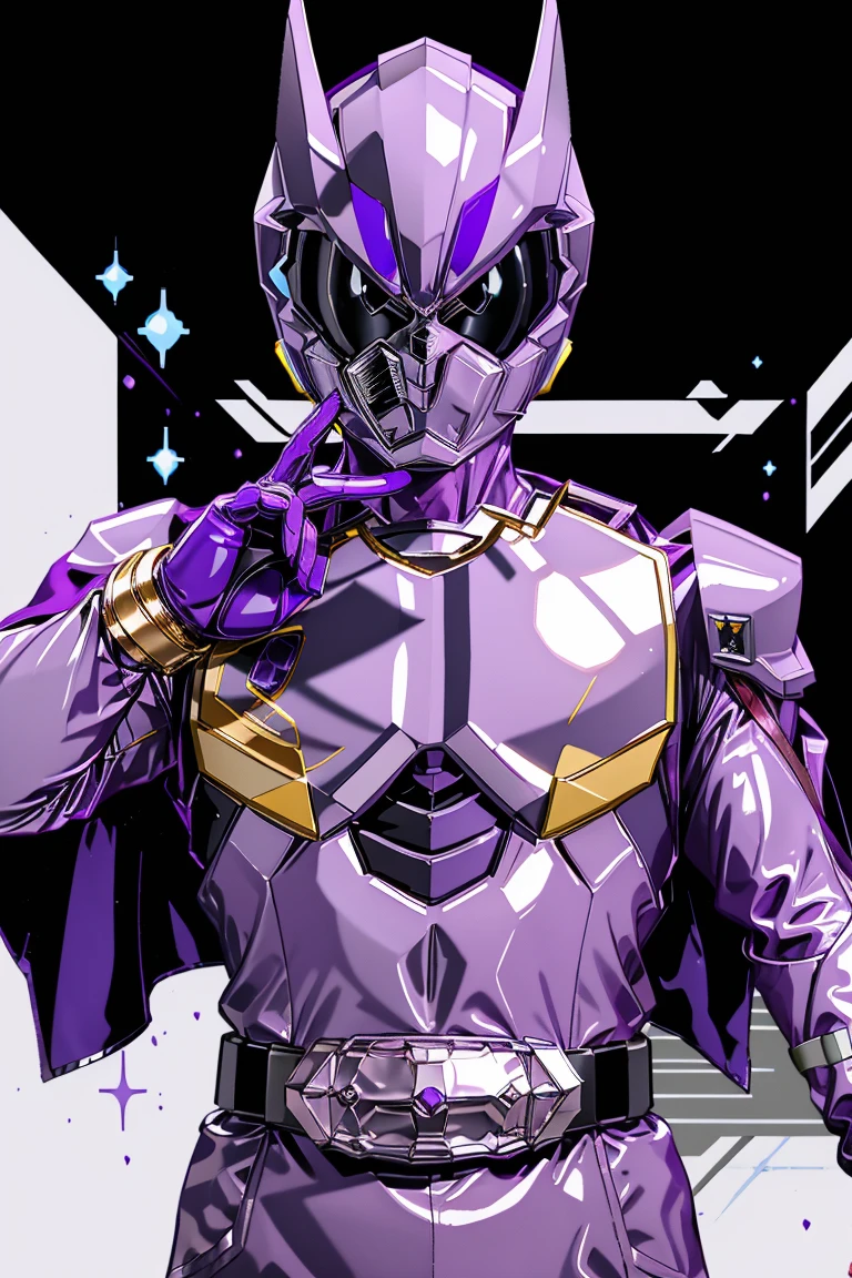 solo, armor, tokusatsu, bodysuit, helmet, white armor, black bodysuit, black trim, henshin pose, purple kingohger, purple power ranger suit, 