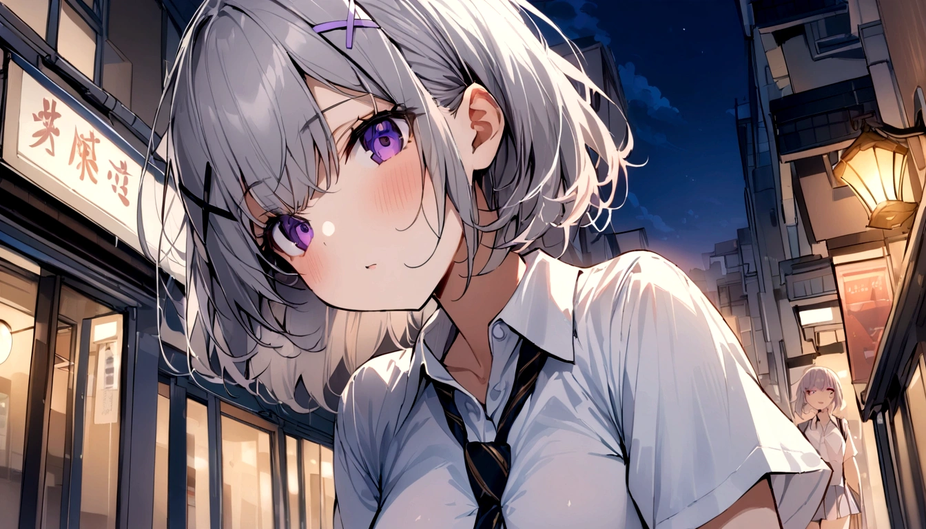 short hair, (Gray Hair:1.2), X Hair Ornament, Purple eyes,tie, girl,One person, Collared shirt, White shirt, Short sleeve, Pleated skirt, student, Highest quality, masterpiece, High resolution, summer,night、the way、City、Close ~ eyes