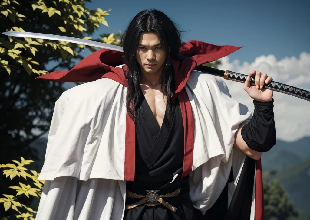 arafed man (hiko seijuro) in a black and white robe holding a sword, anime cosplay, flowing hair and long robes, (hiko seijuro) as a super villain, beautiful male god of death, with cape, full body wuxia, with a long black cape
