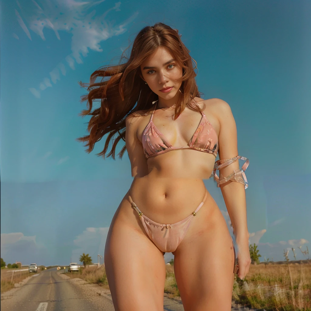 Arafed woman in  posing on a road., Anna Nikonova aka Newmilky, John shouted, slim girl model photo, Instagram Template, Victoria Siemer, chica , thin waist and thick , Angelina Stroganova, Dasha Taran, brown hair and a perfect body, 2 4 year old female model, (Best Quality, realist, high resolution, HDR:1.2)