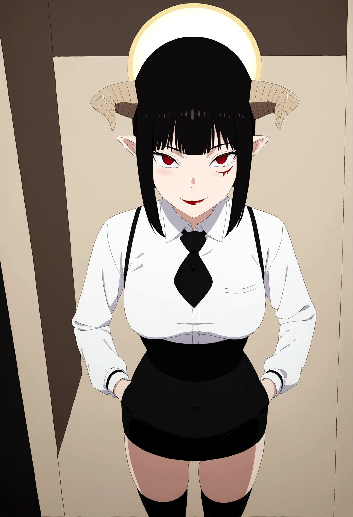 ,hands in pocket,work of art, tight white secretary shirt with black tie, black high waist skirt, short skirt,stocking, black hair, black tightscary sun,office,bangs on the eyes,lighting,horn of hair,view from above,evil smile,linda,staring overhead,blushed,face red,Eyes red,dando laughter,laughter
