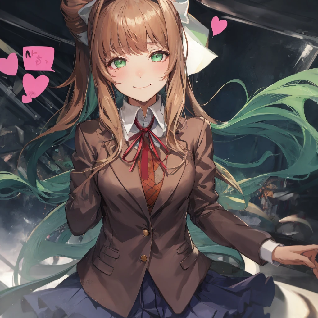monika, green eyes, very long hair, ponytail, white bow, blazer, brown sweater, collared shirt, neck ribbon, blue skirt, heart eyes, smile, lustful gaze, holding chin, blush, classroom