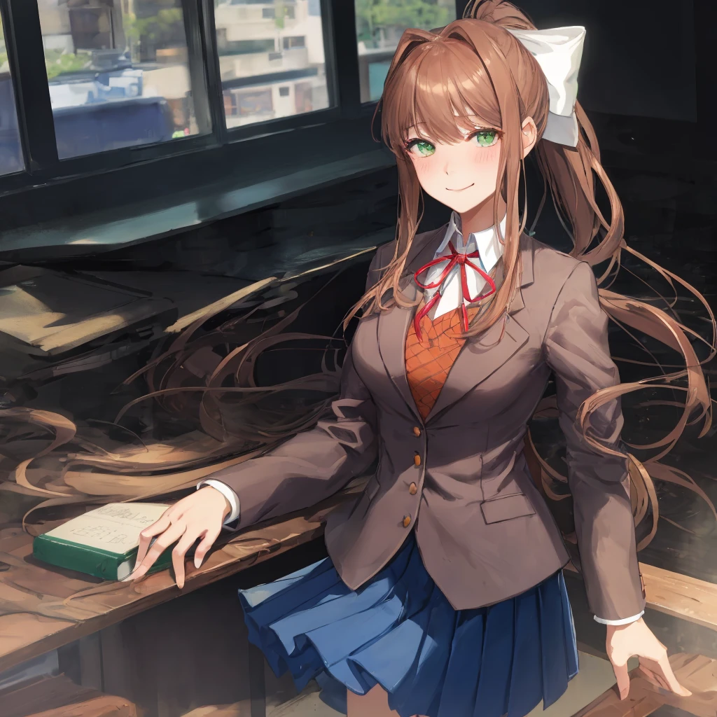 monika, green eyes, very long hair, ponytail, white bow, blazer, brown sweater, collared shirt, neck ribbon, blue skirt, heart eyes, smile, lustful gaze, holding chin, blush, classroom