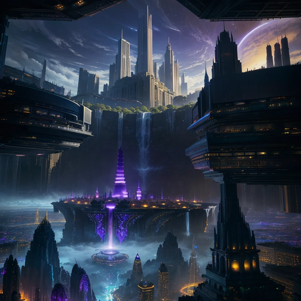 A huge fantastical sci-fi city, aether city, floating aerial metropolis,Skyscrapers、Daytime,Huge construction,Super huge waterfall,Super huge temple,Super huge torii,mysterious,Fantasy, towering skyscrapers, massive waterfall, celestial planets in the sky, surrounded by clouds, cosmic architecture, violet energy scars around, central massive castle, astral sky
