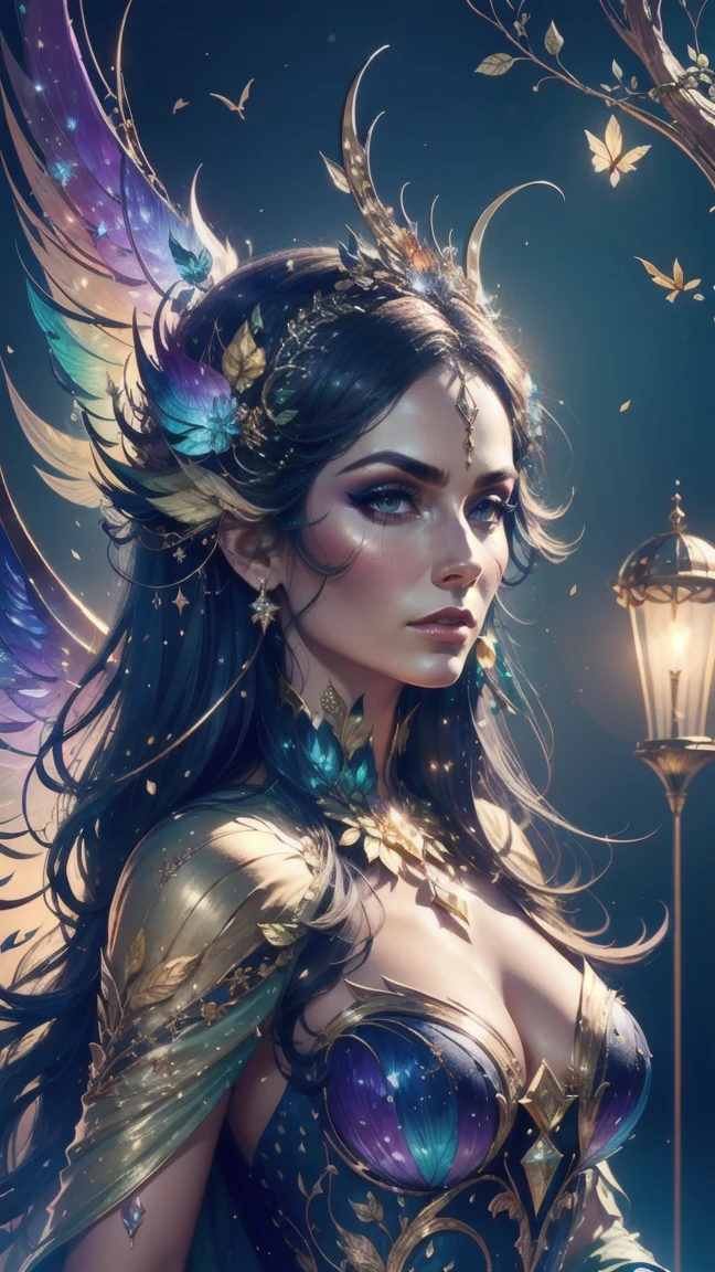 ((((Important: this image must be softly colored and use all the colors of the rainbow in pastel tones.)))), (((masterpiece of a 25 year old girl))), (((best quality ))), ((ultra-detailed)),(highly detailed CG illustration), ((an extremely delicate and beautiful)), cinematic light, Create a stunning fantasy masterpiece that imitates the style of the masters of the currently trending genre. The artwork must contain mythical fantasy and fairytale elements with colorful details. The character in the artwork is a delicate yet strong figure with an aura of mystery and magic. The character must have subtle breasts. Pay close attention to complex facial features, like mesmerizing eyes with vibrant colors and delicate shadows. The character's clothing should be designed with fine feathers, silk, dazzling embroidery, and subtle iridescent details. Incorporate vibrant colors, dynamic lighting, and detailed background elements to create a sense of wonder and immersion. Includes colorful flying magical birds and jewel-toned butterflies that radiate a magical aura. Consider the latest trends in fantasy art, such as incorporating unique lighting effects, exploring dynamic and eye-catching composition techniques, and experimenting with unique color palettes. Get inspired by top artists on ArtStation and Midjourney. Camera: Choose an angle that highlights the beauty of the character and highlights the magical majesty of the artwork, vignette and soft filter, Lighting: Use atmospheric lighting techniques to create depth and mood. Resolution: Look for high-resolution artwork to show intricate detail and clarity. Artistic inspiration: seek inspiration from trending artists on ArtStation, exploring different styles, genres and themes.