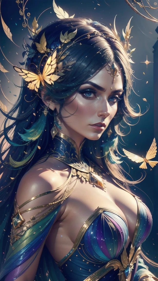 ((((Important: this image must be softly colored and use all the colors of the rainbow in pastel tones.)))), (((masterpiece of a 25 year old girl))), (((best quality ))), ((ultra-detailed)),(highly detailed CG illustration), ((an extremely delicate and beautiful)), cinematic light, Create a stunning fantasy masterpiece that imitates the style of the masters of the currently trending genre. The artwork must contain mythical fantasy and fairytale elements with colorful details. The character in the artwork is a delicate yet strong figure with an aura of mystery and magic. The character must have subtle breasts. Pay close attention to complex facial features, like mesmerizing eyes with vibrant colors and delicate shadows. The character's clothing should be designed with fine feathers, silk, dazzling embroidery, and subtle iridescent details. Incorporate vibrant colors, dynamic lighting, and detailed background elements to create a sense of wonder and immersion. Includes colorful flying magical birds and jewel-toned butterflies that radiate a magical aura. Consider the latest trends in fantasy art, such as incorporating unique lighting effects, exploring dynamic and eye-catching composition techniques, and experimenting with unique color palettes. Get inspired by top artists on ArtStation and Midjourney. Camera: Choose an angle that highlights the beauty of the character and highlights the magical majesty of the artwork, vignette and soft filter, Lighting: Use atmospheric lighting techniques to create depth and mood. Resolution: Look for high-resolution artwork to show intricate detail and clarity. Artistic inspiration: seek inspiration from trending artists on ArtStation, exploring different styles, genres and themes.