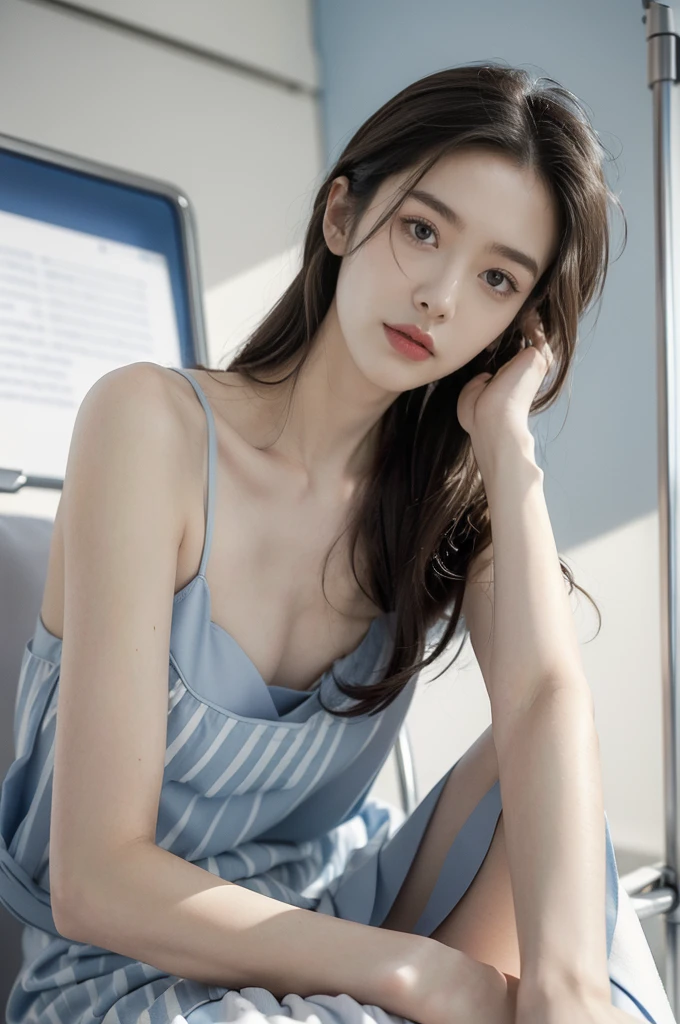 (((best quality))), (((ultra detailed))), (((masterpiece))), illustration,((a fragile and beautiful young girl,solo)),((slim,thin)),((small breasts,flat chest)),((sitting on a hospital bed)),(in a striped blue and white patient's gown:1.2), ethereal appearance,(shoulder length straight hair:1.2), delicate features, expressive eyes, porcelain skin, worried expression, vertical stripes on the gown, loose fit, slender fingers, polished nail polish, clinical examination room, faded walls, doctors' cart, stainless steel, hospital backdrop, stark contrasts, cold environment, warmth and vulnerability, poignant moment, moving image,((from front,upper body)),(spread legs apart:1.3)