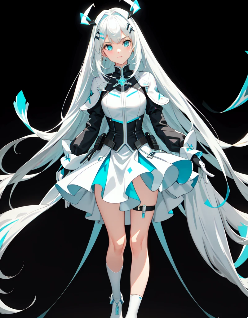 ({best quality}, {{masterpiece}},, {highres}),extremely detailed 8K wallpaper,anime_3D_Rendering,(solo,1girl),ager,curvaceous_body,d_cup_breasts,detailed_face,slender waist,floating,perspective,beautiful_face,ample_breasts,high_saturation coloring,prodigy_girl,looking at viewer,standing next to viewer,confident,isomeric_view,realistic_lighting,ray_tracing,character_splash_art,honkai_star_rail
Full detailed face,(vivid_white_hair,detailed hair,very-long hair,twintail hairstyle,icy_blue tips,aqua inner hair,straight flowy hair,base tied with sharp hairclips,loose end,flowy,detailed),(two strands of silver hair framing face),singke white ahoge hair
(two sets of dual white blade-shaped mechanical headpiece,white antenna,pointy,blue at edge),(deep azure eyes,white cross pupil,realistic eyes,sharp eyes edge),head mounted display
((White and black mechanical mechasuit,figure-hugging)),(white long gloves,silky,detailed hands,darkblue edge),long sleeves,elbow pads,(white, black and neon blu armor) figure-hugging vest around breasts,darkblue edge,dark blue medals on vest,(white and azure hoodie),(white mechanical armor corset,a few slate blue glowing lines,black zipper),(white and aqua flowy capes,edged trims, light blue lining at tips),(black waistband,two silver holsters attached to waistband),(knee-length white mechanical dress,segmented hem,),white tassets,thigh-length,(black leggings),(blue legband around leg thigh,buckle),(long armor mechanical silver dress,elegant,trims,blue edge line),(black leggings),(white long combat boots,heeled), white damaged oversized t-shirt shows bare skin
,standing amidst battlefield ,tyndall effect rays of light,tfloating,broodiding,calm and happy trust expression,gentle smile,left hand on hips pose,right palm loose and empty,vivid facial expressions
Giant precision rifle on one hand, typical of mecha anime