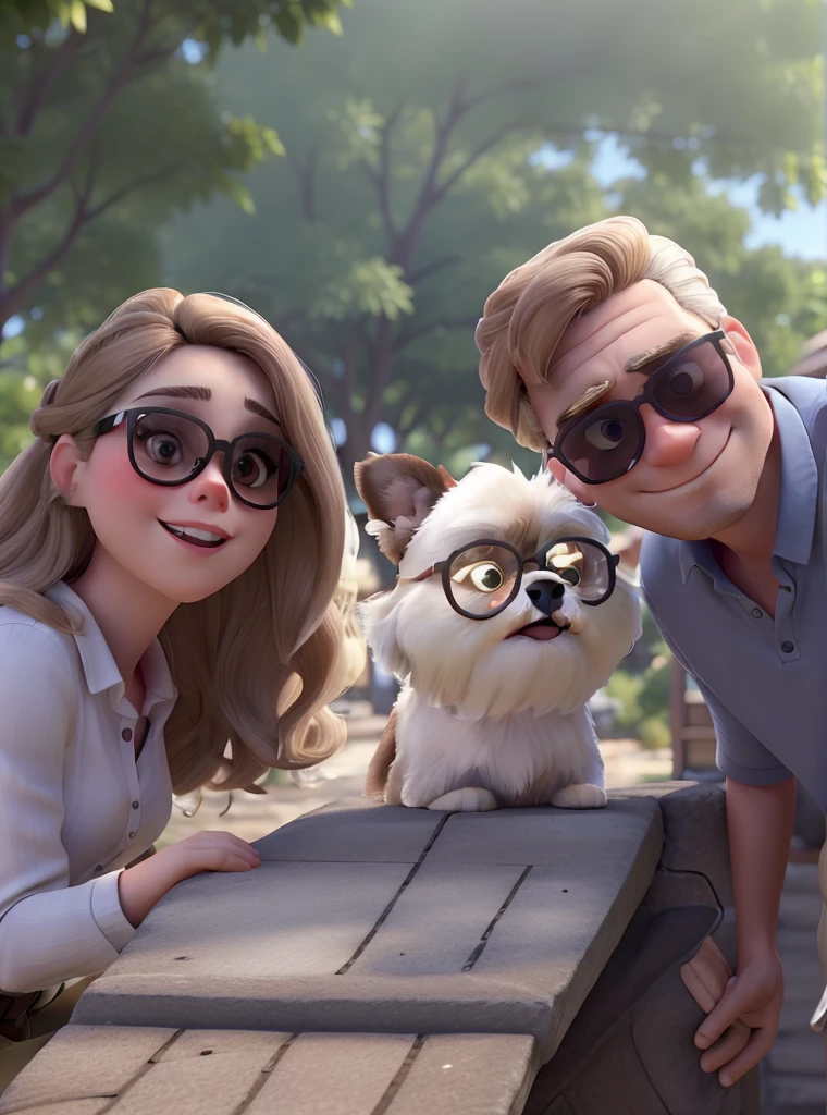 The woman has white skin and is 22 years old with blonde hair and is wearing ray bun sunglasses, the white man is 26 years old with brown hair and is wearing ray bun sunglasses. eyes browns. and a white and brown shih tzu without glasses , do not park