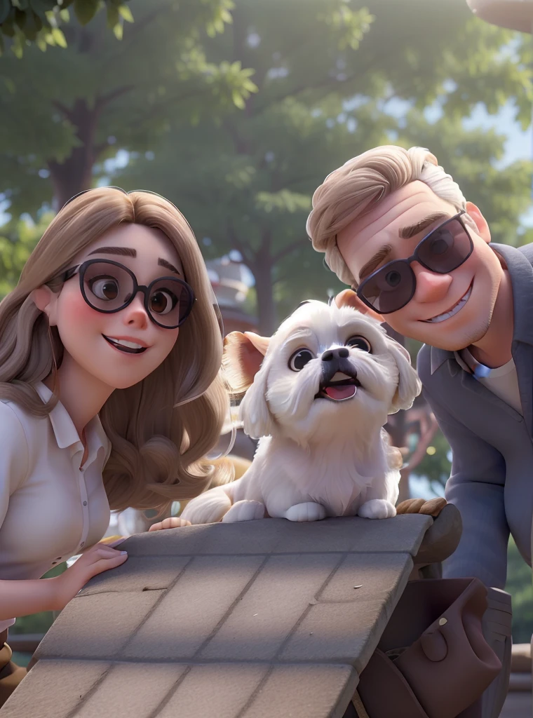 The woman has white skin and is 22 years old with blonde hair and is wearing ray bun sunglasses, the white man is 26 years old with brown hair and is wearing ray bun sunglasses. eyes browns. and a white and brown shih tzu without glasses , do not park