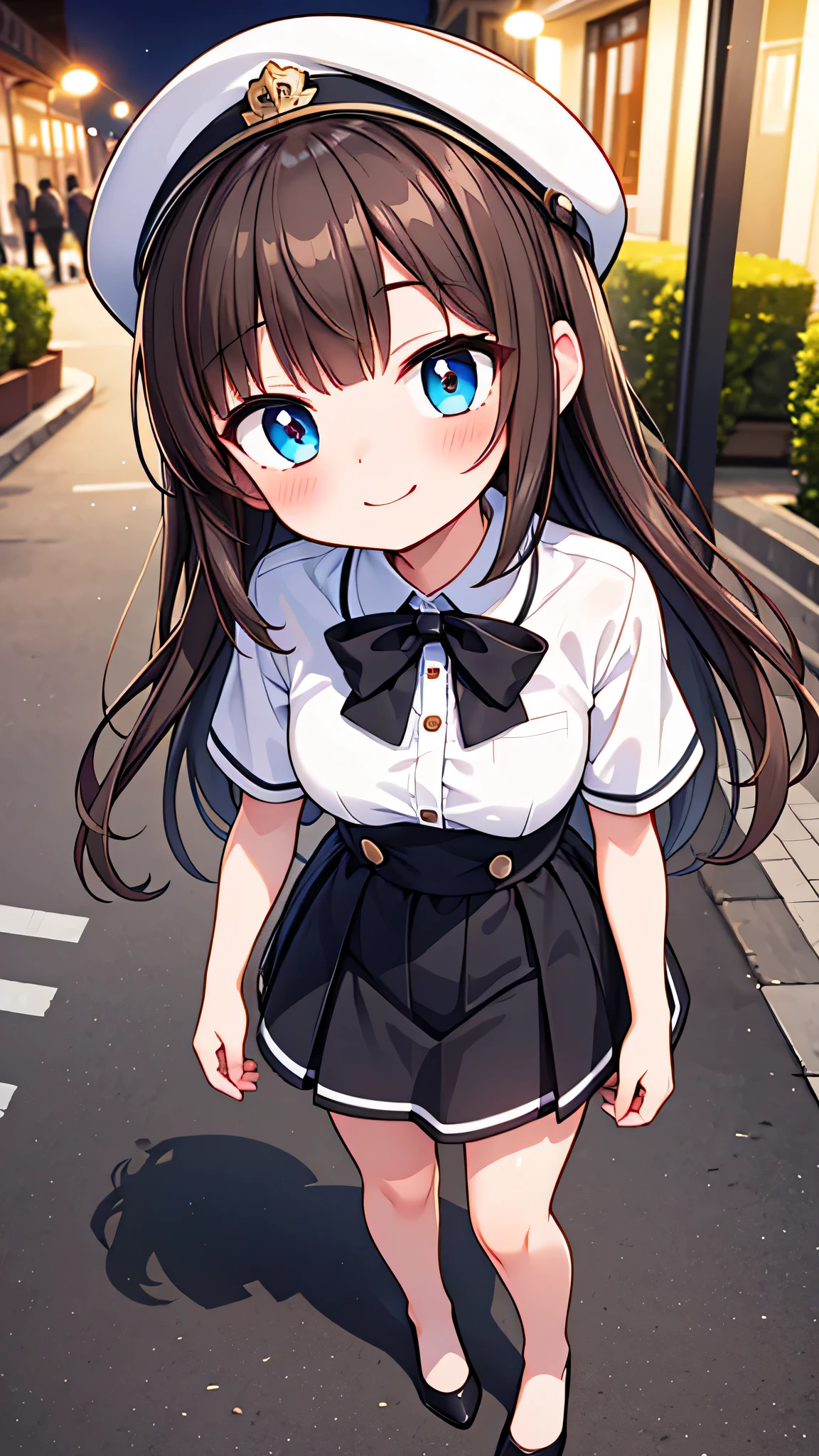 {Highest quality}, {Super beautiful},{Ultra fine},{Best illustration},Brown Hair,Hime cut,semi-long,Bangs,Standing Woman,Uniform cap,White Shirt,Short sleeve,Long black skirt,Night Park,Embarrassed,smilingly,Blushing,Slender women, A woman wearing plain black pumps,Bare feet and pumps,From an angle,From above