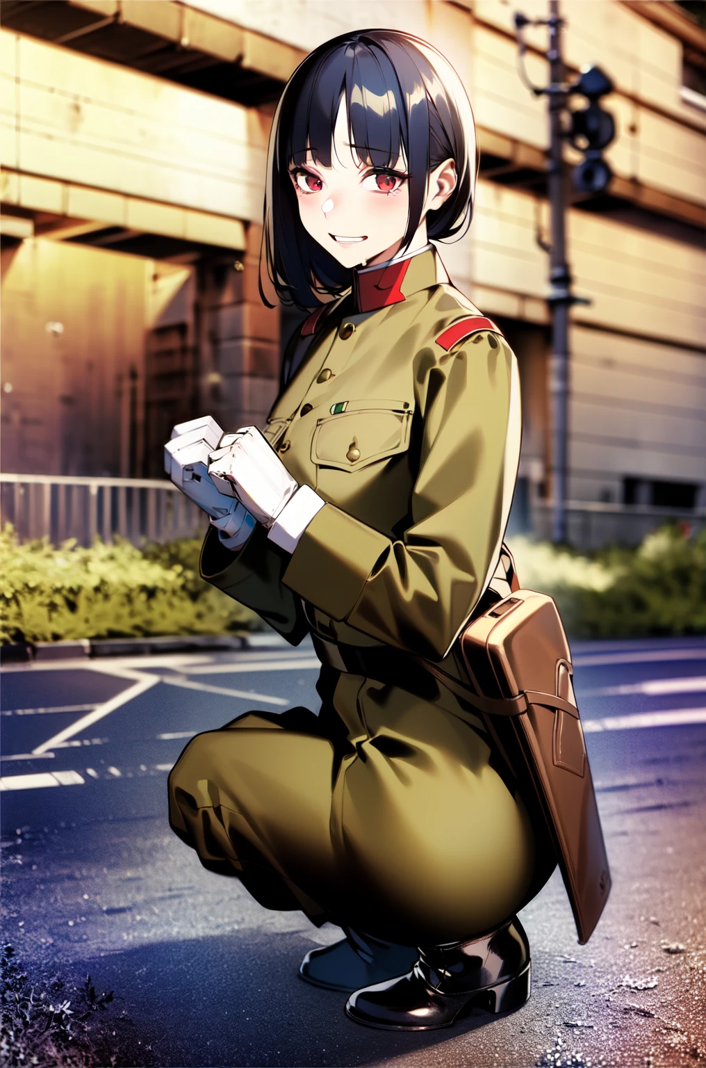 masterpiece, Highest quality, Absurd, High resolution, Very detailed, One Girl, alone, Cowboy Shot, ((IJA Taisho, Khaki uniform, Combatant,Golden Sling,General Positions, 左chestにメダル,)),Black long boots,medium chest,  chest,  Tight waist,  Black Hair,  Blunt bangs, Red eyes, Conceit,Wicked Smile,  White gloves, holster, Leather Belt Pouch, Abandoned city, Dilapidated Street, combustion, Night Sky, battlefield, crater,chestをはだけさせる、Fascinating face、Expand the vagina with both hands,pussy,Pussy,squat,(fellatio gesture)