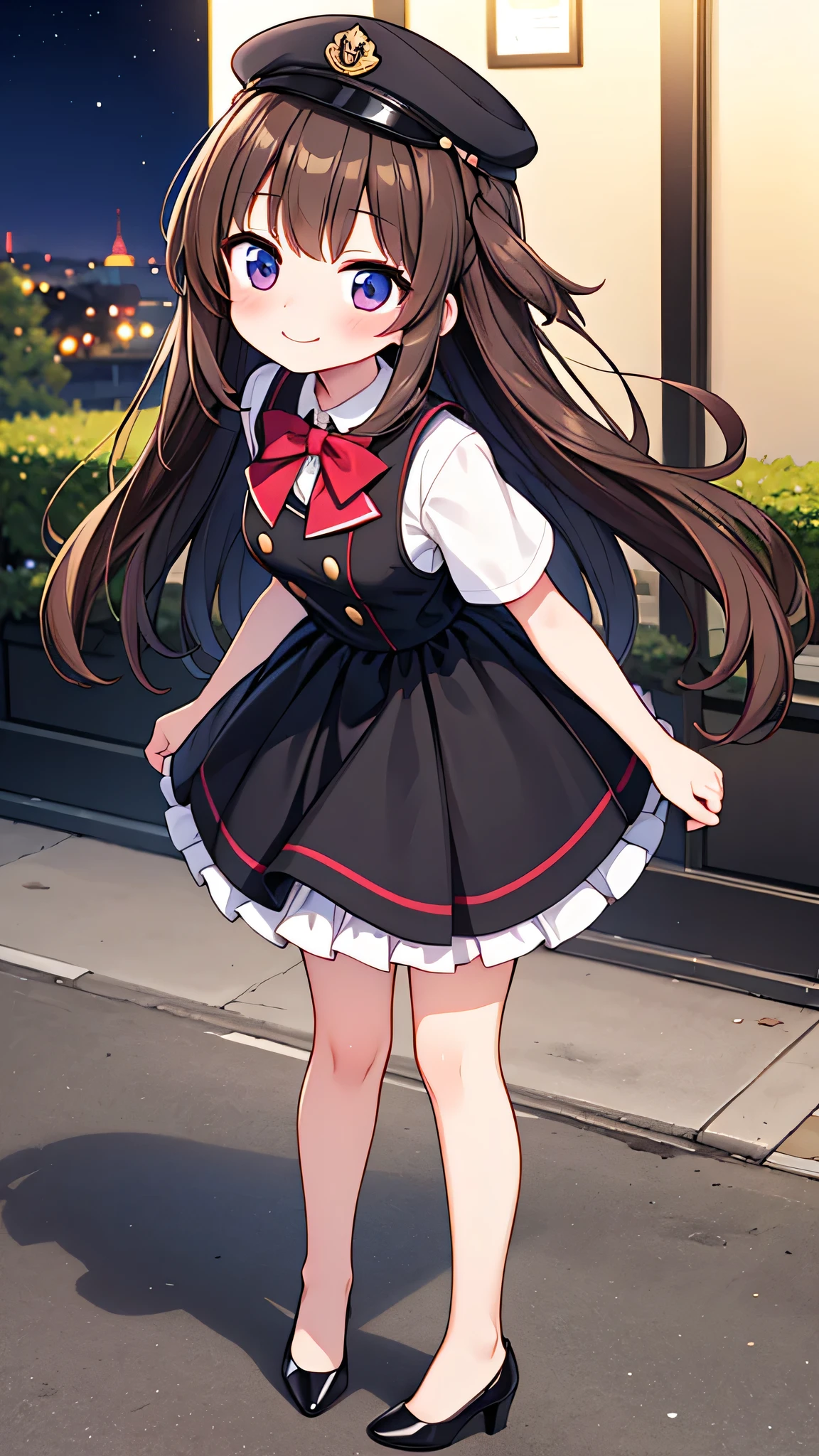 {Highest quality}, {Super beautiful},{Ultra fine},{Best illustration},Brown Hair,Hime cut,semi-long,Bangs,Standing Woman,Uniform cap,White Shirt,Short sleeve,Long black skirt,Night Park,Embarrassed,smilingly,Blushing,Slender women, A woman wearing plain black pumps,Bare feet and pumps,From an angle,From above