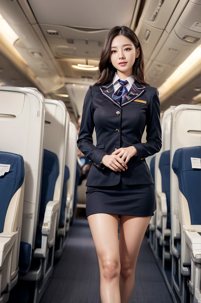 1 woman, 40 years、overly detailed face、detailed lips、eye for detail、double eyelid、(black bob hair、Like an airplane stewardess々do a good job)、(stewardess uniform:1.2)、(glamorous body)、(huge breasts)、laugh、thighs thighs thighs thighs, perfect fit, Perfect image realism, background: (Business class aisle on airplanes:1.2), cowboy shot, 심층적인 background, detailed costumes, perfect reading、surrealism、(realistic:1.4)、8K maximum resolution, (masterpiece), very detailed, professional