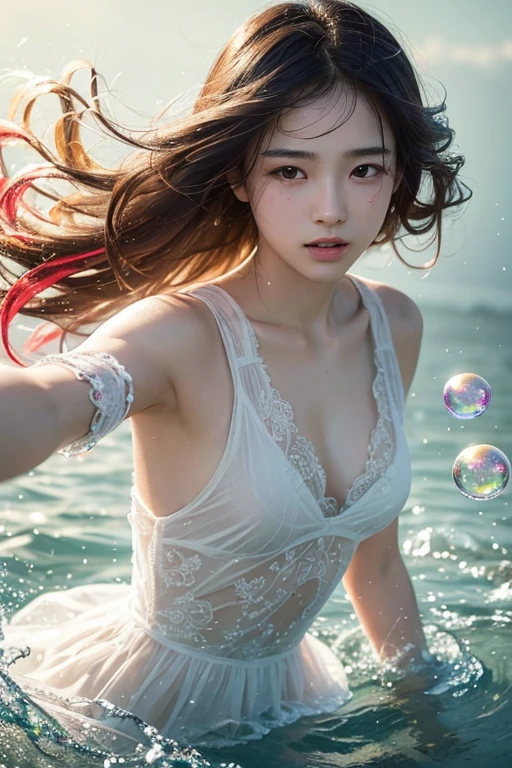 Xingqiu (masterpiece), (Highest quality), (Super detailed),(Disheveled Hair),(figure), (One boy), Beautiful fine details,Delicate and beautiful face,floating,(High saturation),(Colorful splashes),Colorful Bubbles,(The Shining),Focus on the face