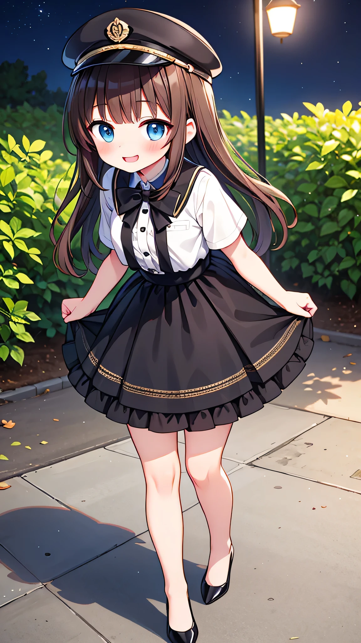 {Highest quality}, {Super beautiful},{Ultra fine},{Best illustration},Brown Hair,Hime cut,semi-long,Bangs,Standing Woman,Uniform cap,White Shirt,Short sleeve,Long black skirt,Night Park,Embarrassed,smilingly,Blushing,Slender women, A woman wearing plain black pumps,Bare feet and pumps,From an angle,From above
