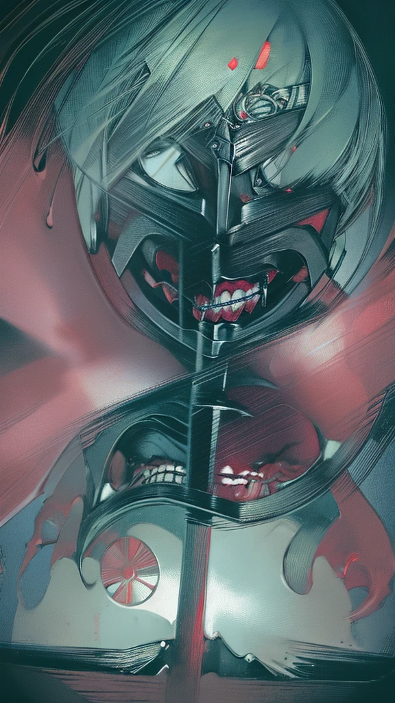A dark, eerie scene featuring a character with white hair and red glowing eyes. The character is wearing a black outfit with a high collar, and a black mask covering the lower half of their face. The background is dimly lit, adding to the mysterious and ominous atmosphere. The character's red eyes stand out prominently against the darkness. The image is vertically oriented.One boy