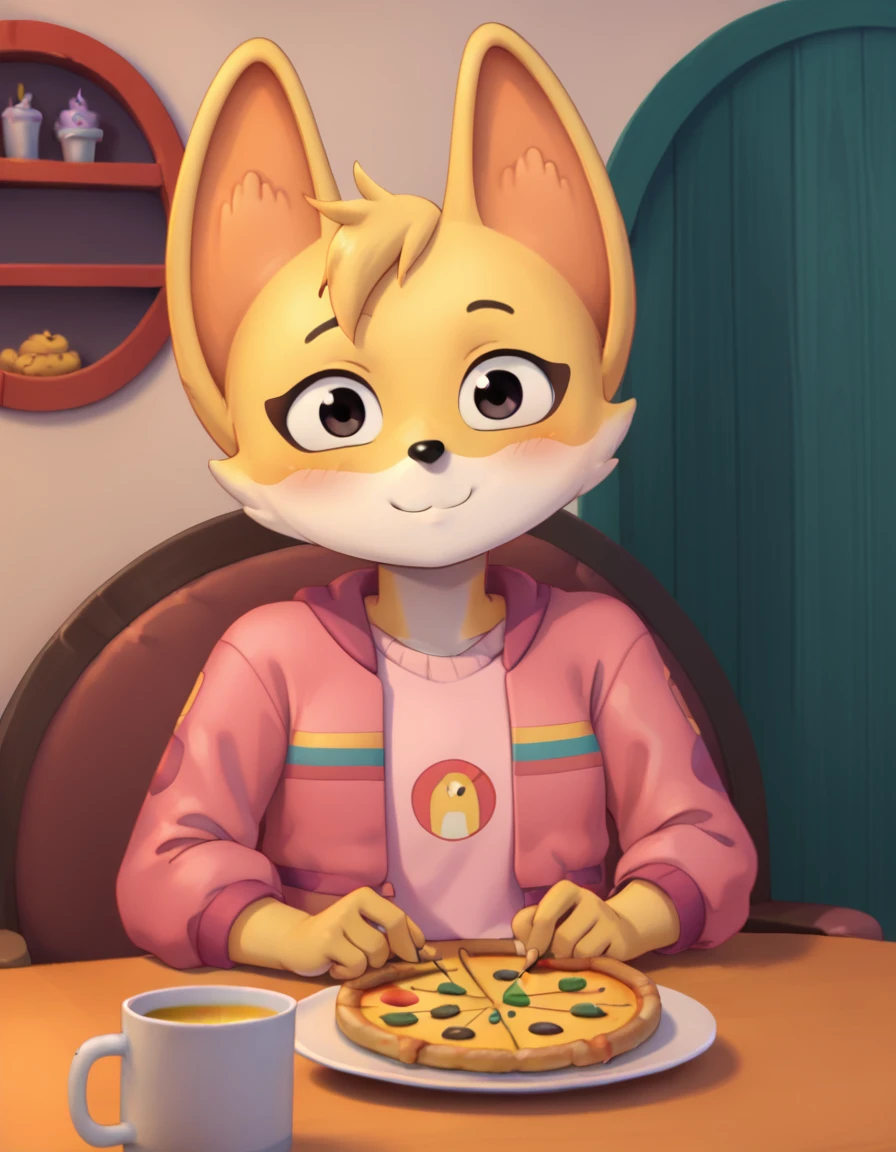 score_9, score_8_up, score_7_up, score_6_up, score_5_up, score_4_up, kit casey, fox, anthro, female, furry, solo, looking at viewer, blush, smile, indoors, sitting, table, romantic, muffin, pizza, honey tea, pink jacket, shirt