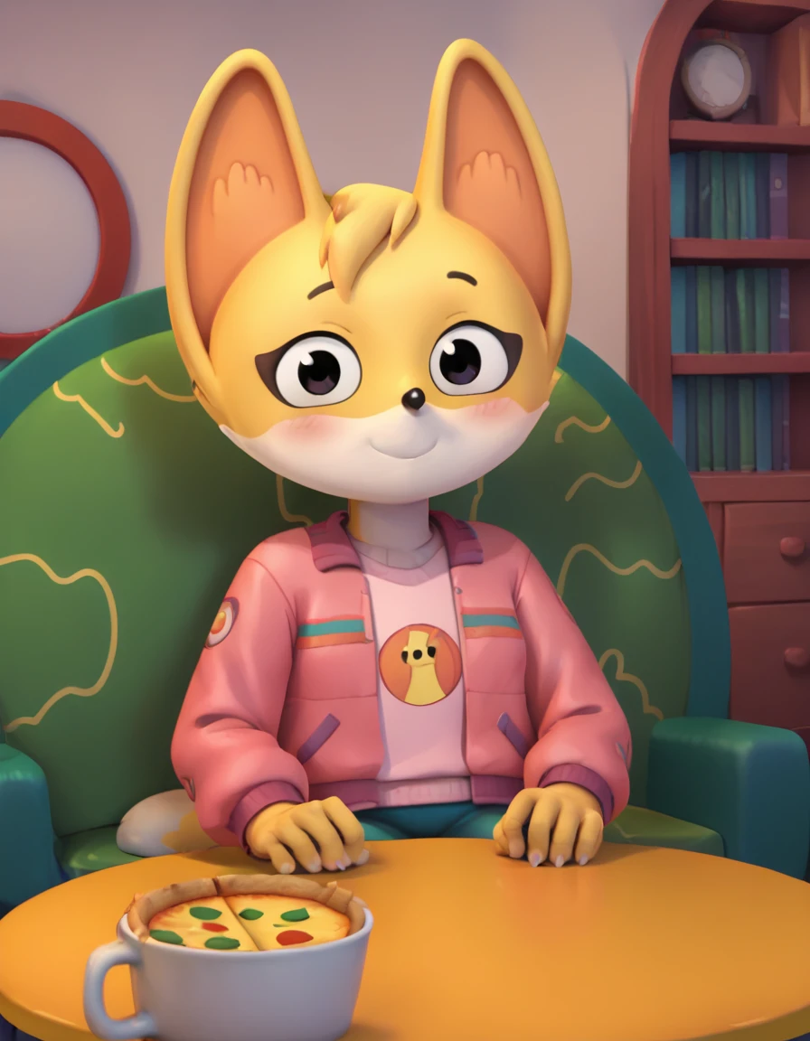 score_9, score_8_up, score_7_up, score_6_up, score_5_up, score_4_up, kit casey, fox, anthro, female, furry, solo, looking at viewer, blush, smile, indoors, sitting, table, romantic, muffin, pizza, honey tea, pink jacket, shirt