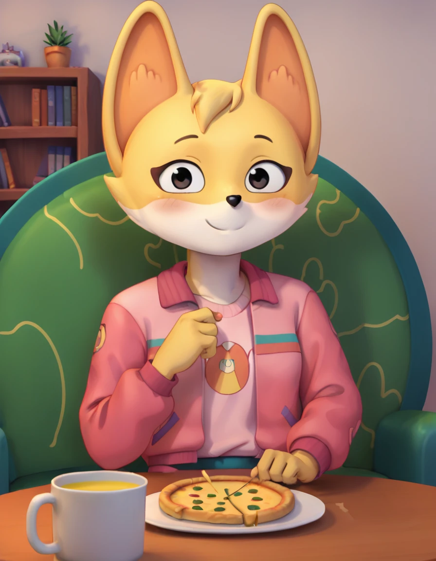 score_9, score_8_up, score_7_up, score_6_up, score_5_up, score_4_up, kit casey, fox, anthro, female, furry, solo, looking at viewer, blush, smile, indoors, sitting, table, romantic, muffin, pizza, honey tea, pink jacket, shirt