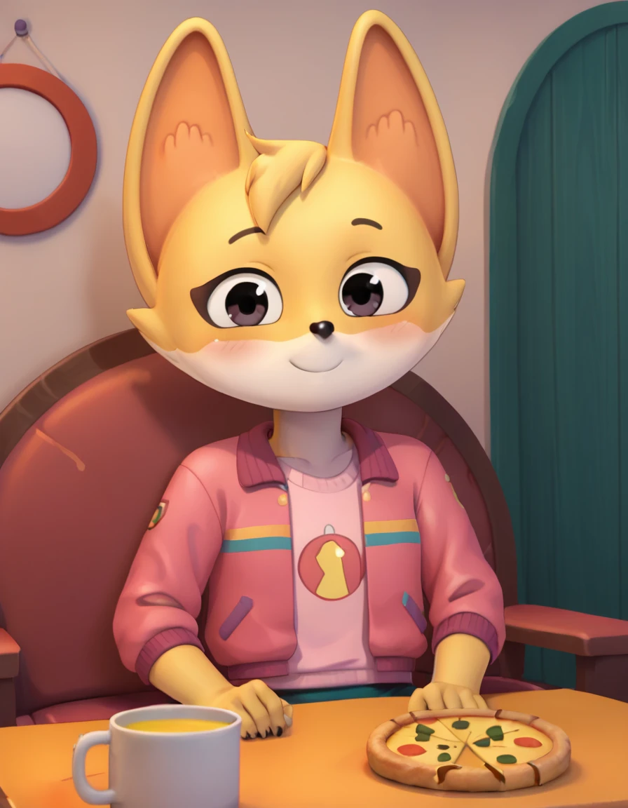 score_9, score_8_up, score_7_up, score_6_up, score_5_up, score_4_up, kit casey, fox, anthro, female, furry, solo, looking at viewer, blush, smile, indoors, sitting, table, romantic, muffin, pizza, honey tea, pink jacket, shirt