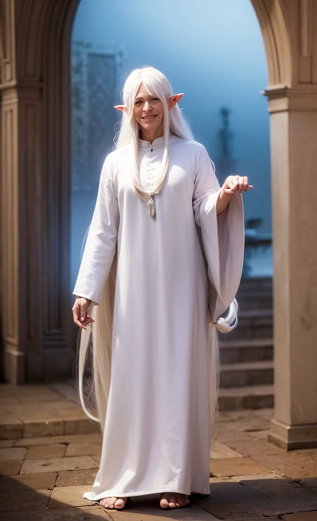 Male elf, old, beautiful, exalted, (long white hair:1.3), white mage robes, smiling, standing in a palace, blue sky in background
