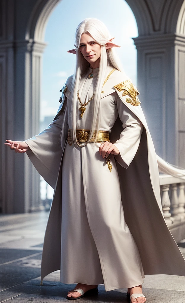 Male elf, old, beautiful, exalted, (long white hair:1.3), white mage robes, smiling, standing in a palace, blue sky in background 