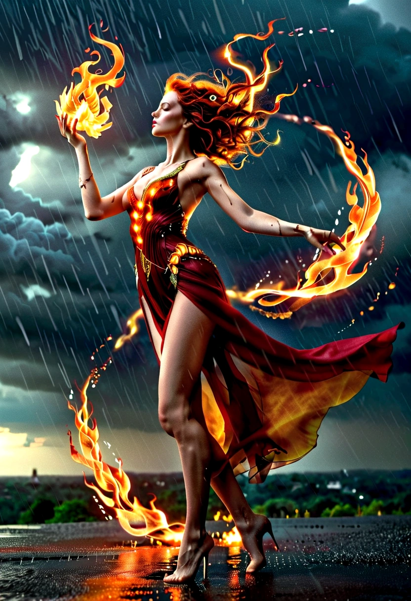 a sorceress of fire making fire dance in a the (storm of rain: 1.3), a most exquisite beautiful sorceress, controlling fire manipulating fire, a woman, dynamic hair color, dynamic hair style, wet hair, wet face, dynamic eyes color, full body shot, wearing dress made of fire, wearing intricate high heels, light make up, dancing in courtyard of a fantasy castle, ((heavy rain drops: 1.1)), clouds in the sky,  (anatomically correct: 1.4), (full body shot: 1.1) , vibrant, Ultra-high resolution, High Contrast, (masterpiece:1.5), highest quality, Best aesthetics), best details, best quality, highres, ultra wide angle, 16k, [ultra detailed], masterpiece, best quality, (extremely detailed),  firecd_xl, phoenix dress, fireMagicAI